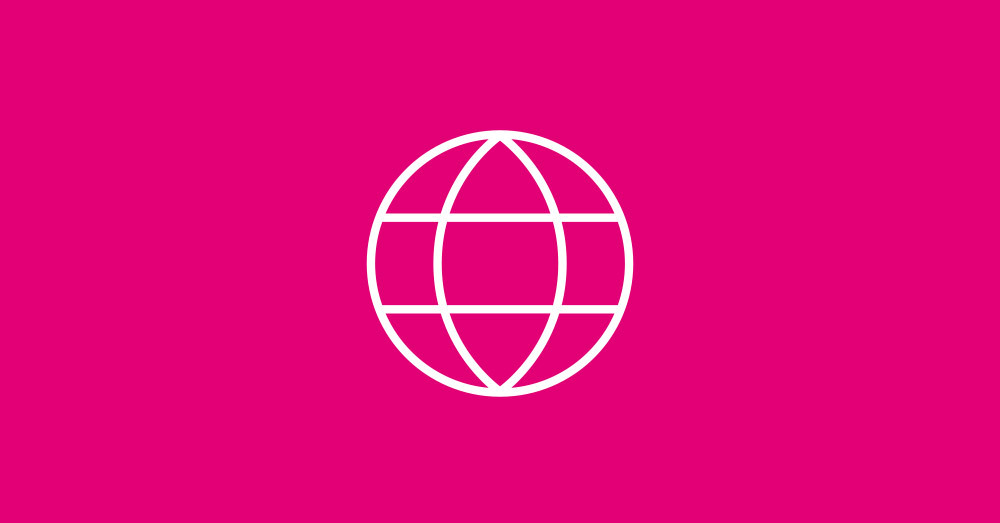 White Globe icon in the middle with magenta background